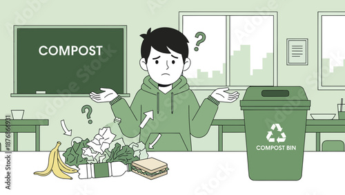 Confused Student Contemplating Proper Composting At School For Environmental Responsibility