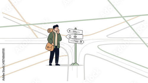 Confused Traveler Deciding Direction At Crossroads With Sign Post In Modern Style