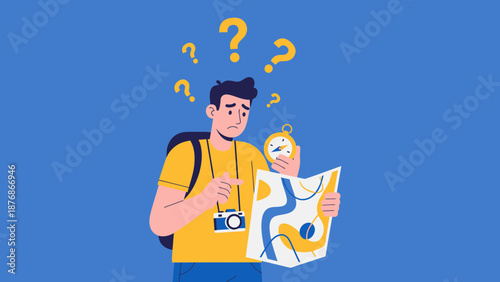 Confused Tourist Man With Map, Clock And Question Mark Symbols Above Head