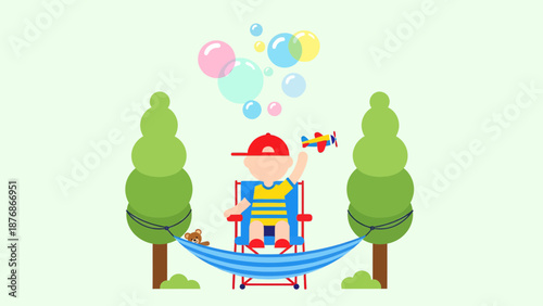 Child Enjoying Summertime With Toy Plane And Bubbles In Outdoor Hammock Surrounded By Trees