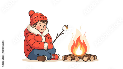 Child Enjoying Winter Season Roasting Marshmallow Over Campfire Adventure Illustration