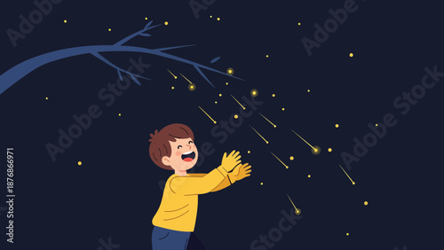 Child Enjoys Watching Falling Stars At Night With Open Arms and Glowing Eyes