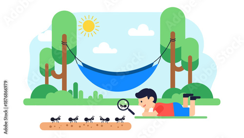 Child Exploring Nature Boy Watching Ants With Magnifying Glass Illustration