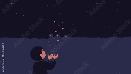 Child Gazing At Night Sky And Catching Falling Stars With Open Hands