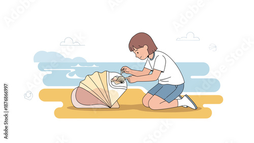Child Finds Treasure Shell On The Beach And Smiling Boy Kneeling Near A Giant Shell
