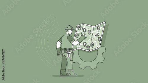 Construction Worker Planning Routes On Map For Industrial Maintenance Sites