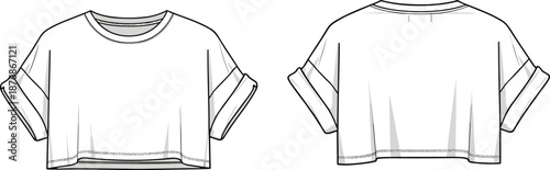 Women cropped t shirt technical fashion template front back views cad drawing flat vector illustration for casual apparel design