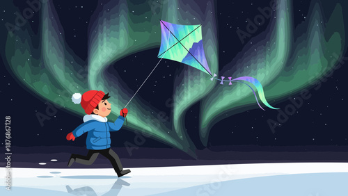 Childhood Dreams Boy Running With Kite Under Northern Lights Aurora Borealis