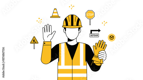 Construction Worker Signaling Stop With Safety Equipment And Warning Signs Icons