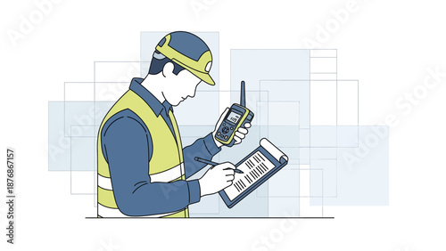 Construction Worker Taking Notes While Holding A Walkie Talkie Illustration