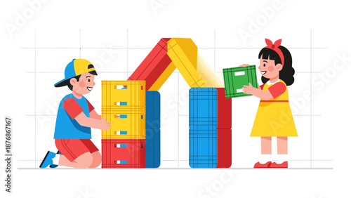 Children Build Colorful Crate House Together Imagination And Creative Play