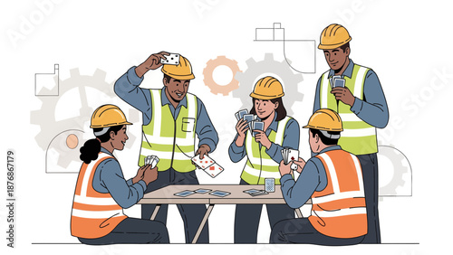 Construction Workers Taking a Break and Playing Cards Illustration Teamwork