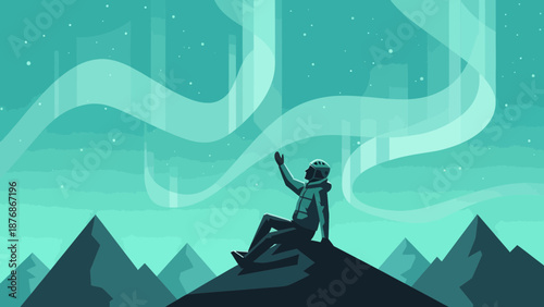 Contemplating Northern Lights Above Mountain Landscape Vector Illustration