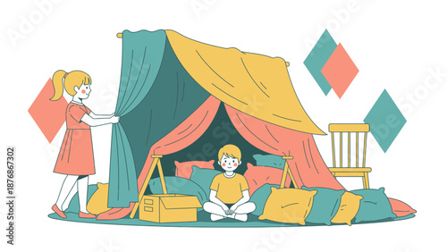 Children Play Together In A Cozy Home Made Blanket Fort Indoors