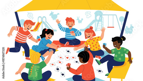 Children Playing Card Game Together at Playground Under Tent Having Fun
