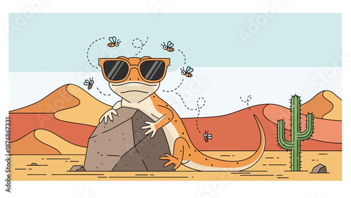 Cool Lizard With Sunglasses Chilling On The Desert Rock On Summer Vacation