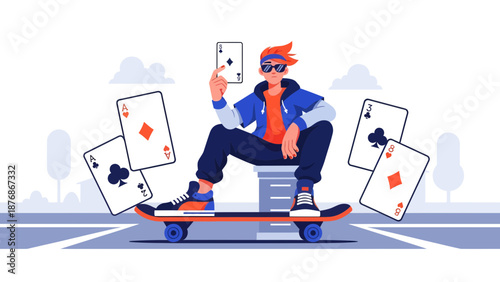 Cool Skater Guy With Playing Cards Vector Design Illustration Graphics