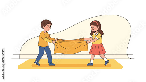 Children Working Together To Fold Laundry Or Playing With Blanket At Home