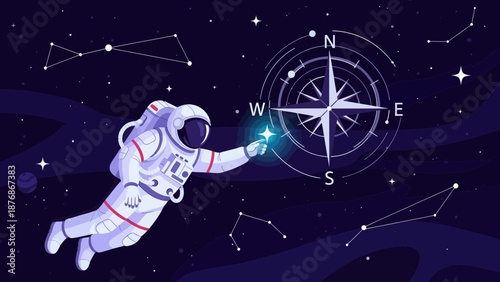 Cosmic Navigator Astronaut Guiding Star Amidst Constellations And A Compass Rose