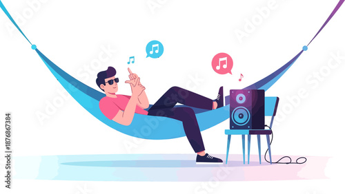 Chill Man In Hammock Listening Relaxing Music Enjoying Modern Lifestyle