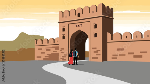 Couple Exploring Ancient Architecture Passing Through The Fortress Gate Together