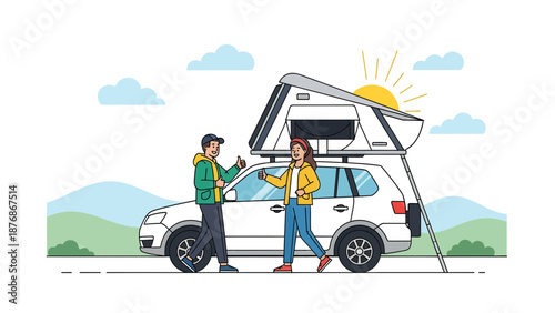 Couple Enjoying Weekend Adventure With Roof Top Tent Setup For Car Camping