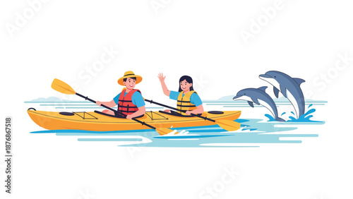 Couple Kayaking In Summer Exploring Ocean While Dolphins Jumping From Water
