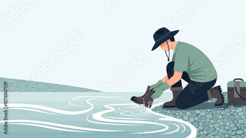Cleaning Hiking Boots In Water During Outdoor Activity Beside The Lake