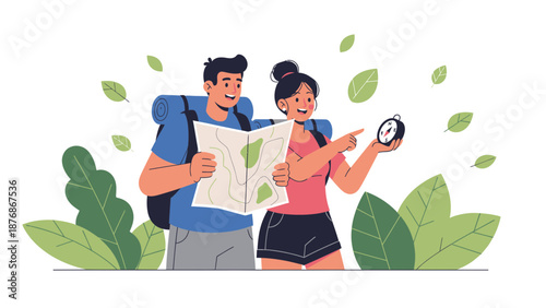 Couple Hiking Together Searching for Direction with Map and Compass Outdoor