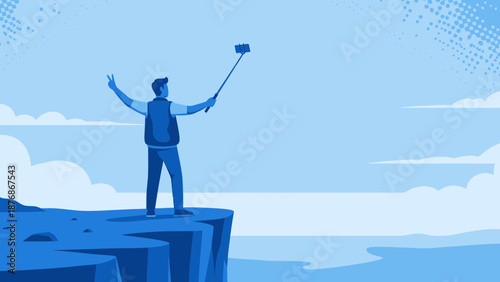 Cliffside Adventure Man Captures Panoramic View Using Selfie Stick Isolated Vector