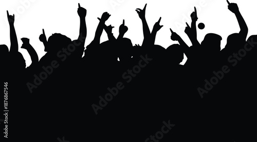 Silhouette of a crowd of people raising their hands with various gestures against a white background