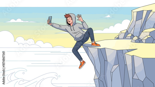 Cliffside Adventure: A Young Man Captures the Moment with a Coastal Selfie