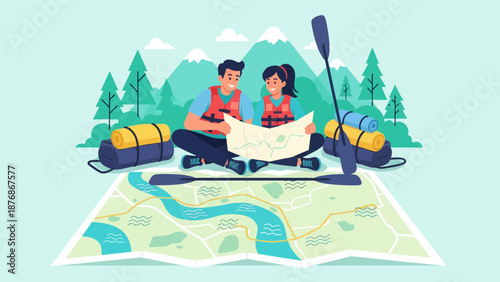 Couple Planning River Rafting Adventure With Map and Equipment Outdoors