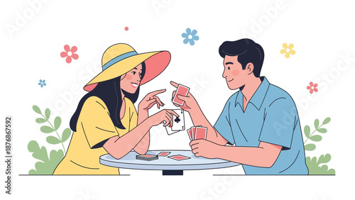 Couple Playing Cards Enjoying Leisure Time Together In A Cheerful Cartoon Illustration