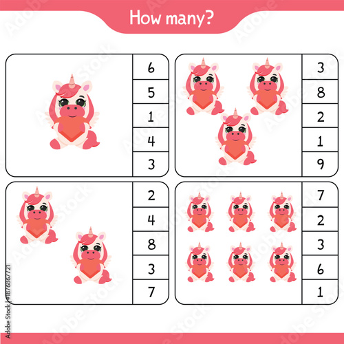 Unicorn math counting educational worksheet