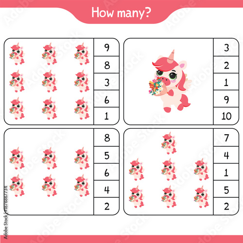 Unicorn math counting educational worksheet