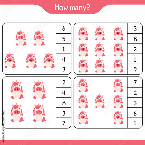 Unicorn math counting educational worksheet