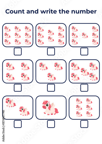 Unicorn math counting educational worksheet