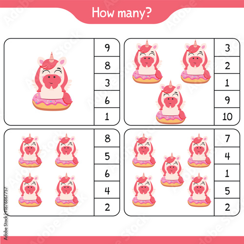 Unicorn math counting educational worksheet
