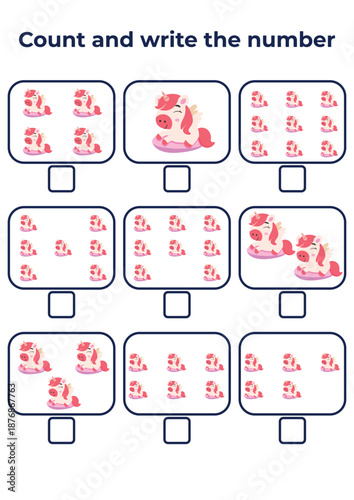 Unicorn math counting educational worksheet