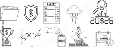 Financial management and investment icons set for business finance