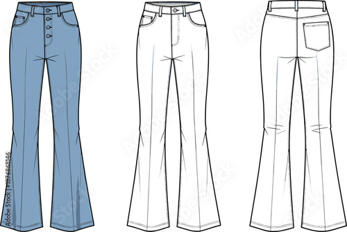 Women high waist flared jeans technical fashion CAD drawing with front back views button fly cad drawing flat vector illustration