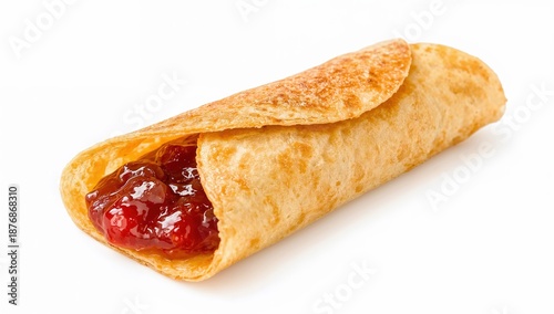 Golden crepe folded and filled with strawberry jam on white background, fresh dessert breakfast pastry closeup