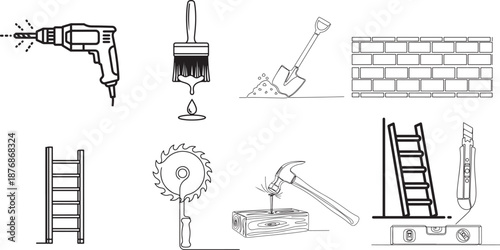 Line drawings of various construction tools and equipment
