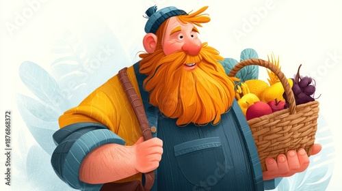 A jovial farmer, sporting a vibrant red beard, carries a basket overflowing with colorful autumn harvest, showcasing a cheerful and detailed illustration style.