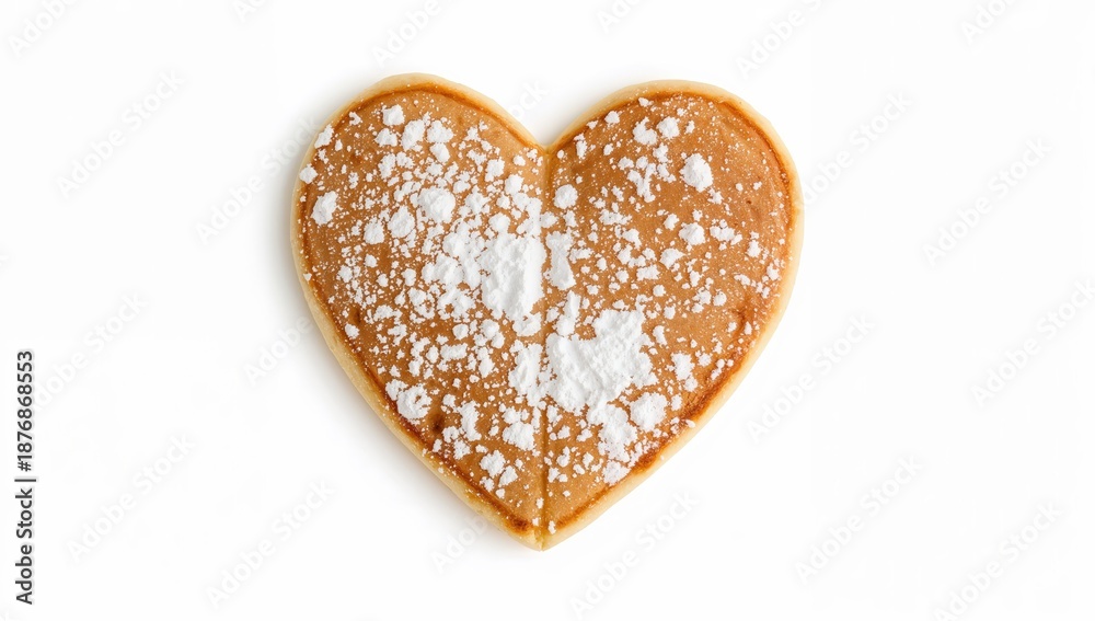Fototapeta premium Heartshaped pancake with powdered sugar dusting on white background for valentine breakfast and sweet dessert concept