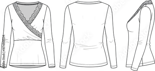 Women lace wrap blouse technical fashion template front back side views cad drawing flat vector illustration for apparel design
