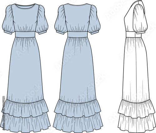 Women long dress technical fashion sketch front back side view cad drawing flat vector illustration apparel design template ruffle maxi garment