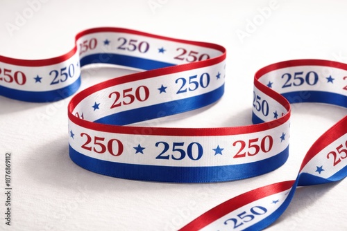 Cinta conmemorativa del 250 aniversario de Estados Unidos con colores rojo, blanco y azul. Diseño elegante y reutilizable para decoración, regalos, eventos oficiales, broches patrióticos, celebración
