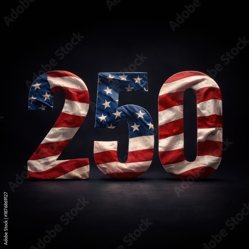 Número 250 con textura de la bandera de Estados Unidos, diseño patriótico y conmemorativo que celebra el 250 aniversario del país. Estilo limpio y simbólico, ideal para eventos, educación y campañas 